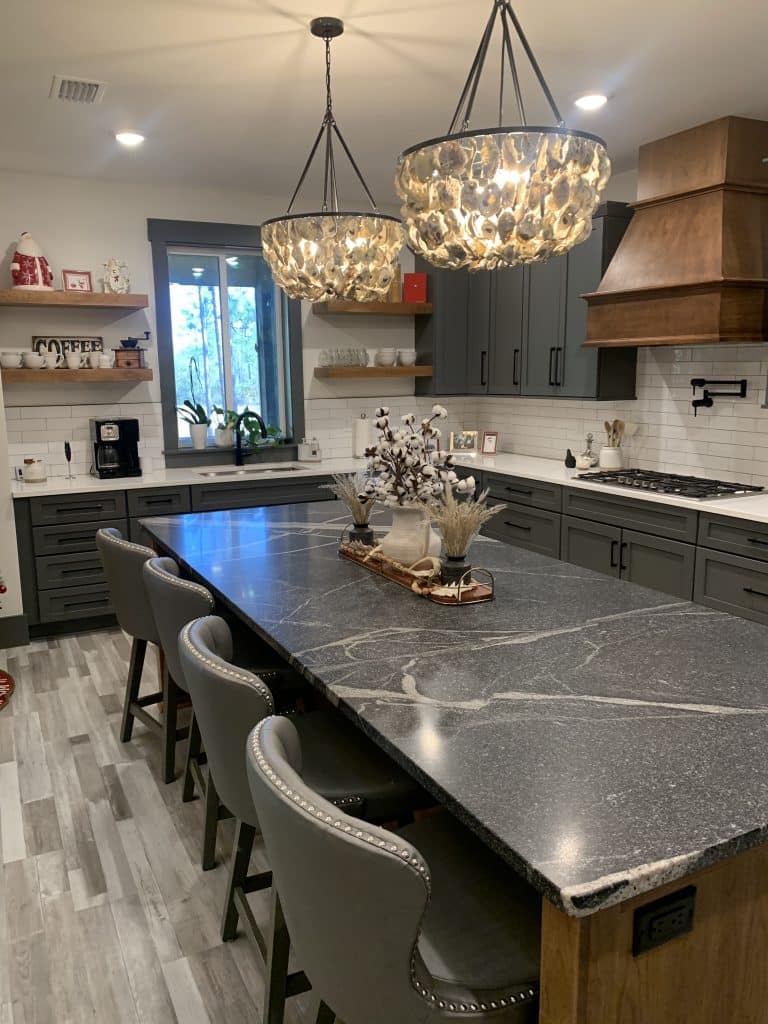 Inside of the kitchen of a custom home build by JC Homes & Development on the rural coast of the Florida panhande with new cabinets & countertops